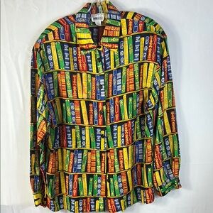 Leslie Fay Colorful Book Library Print Blouse Size 16 Button-down